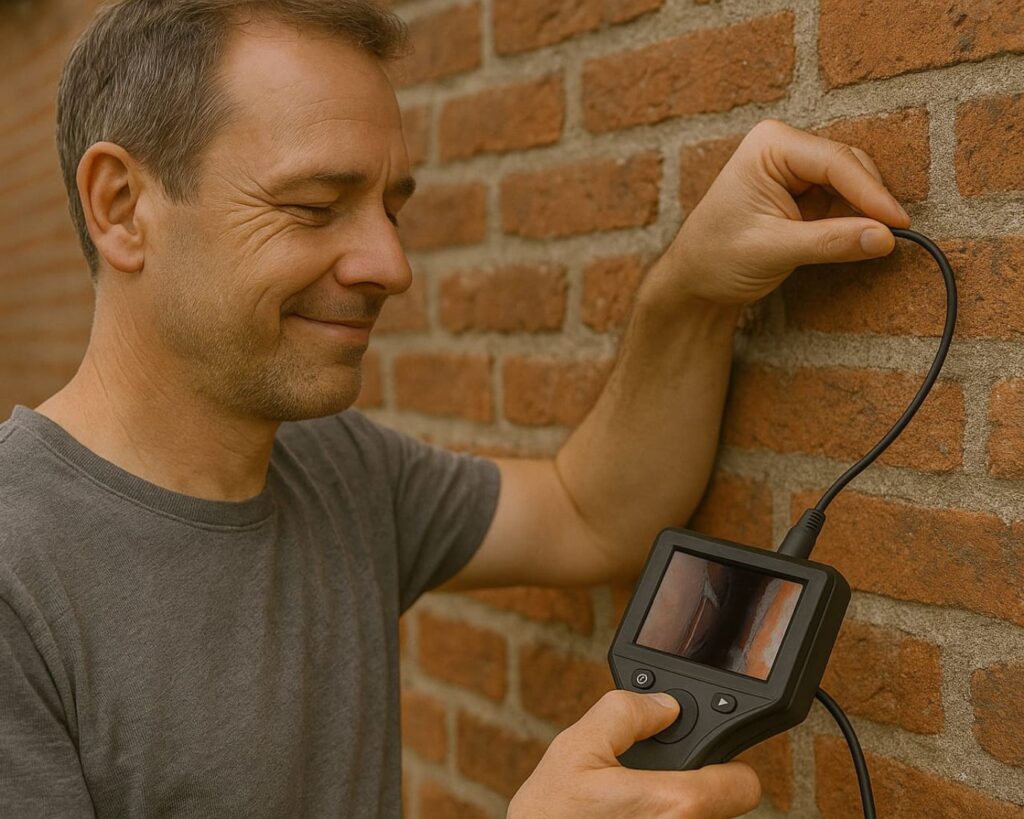Mann schaut mit einer Kamera ins innere der Hauswand