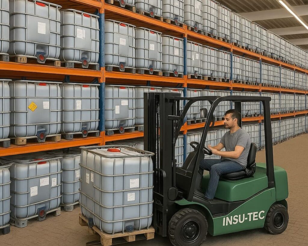 Lagerhalle mit Gabelstapler und Tanks – Insu-Tec Logistik und Lagerung