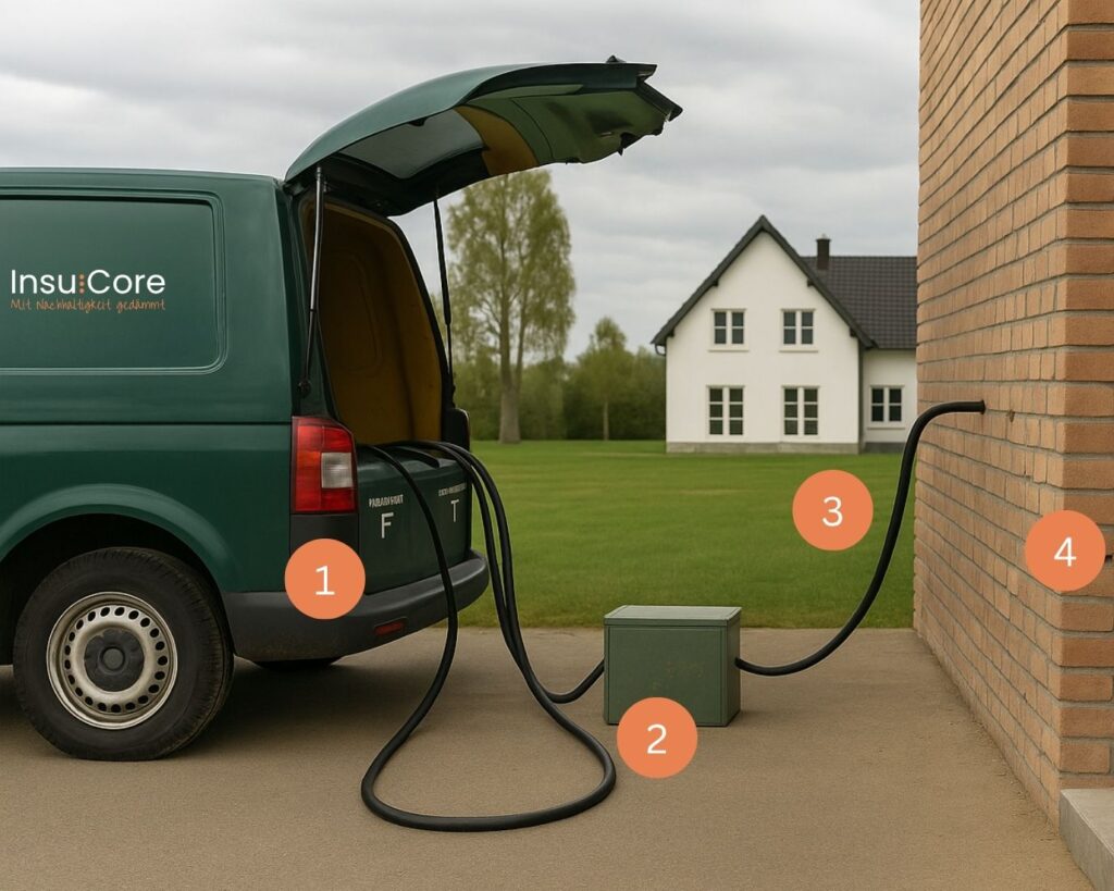 Auto mit Dämmtechnik vor Haus – mobiler Dämmservice